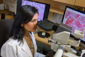 Dr. Payal Kapur looking in microscope.